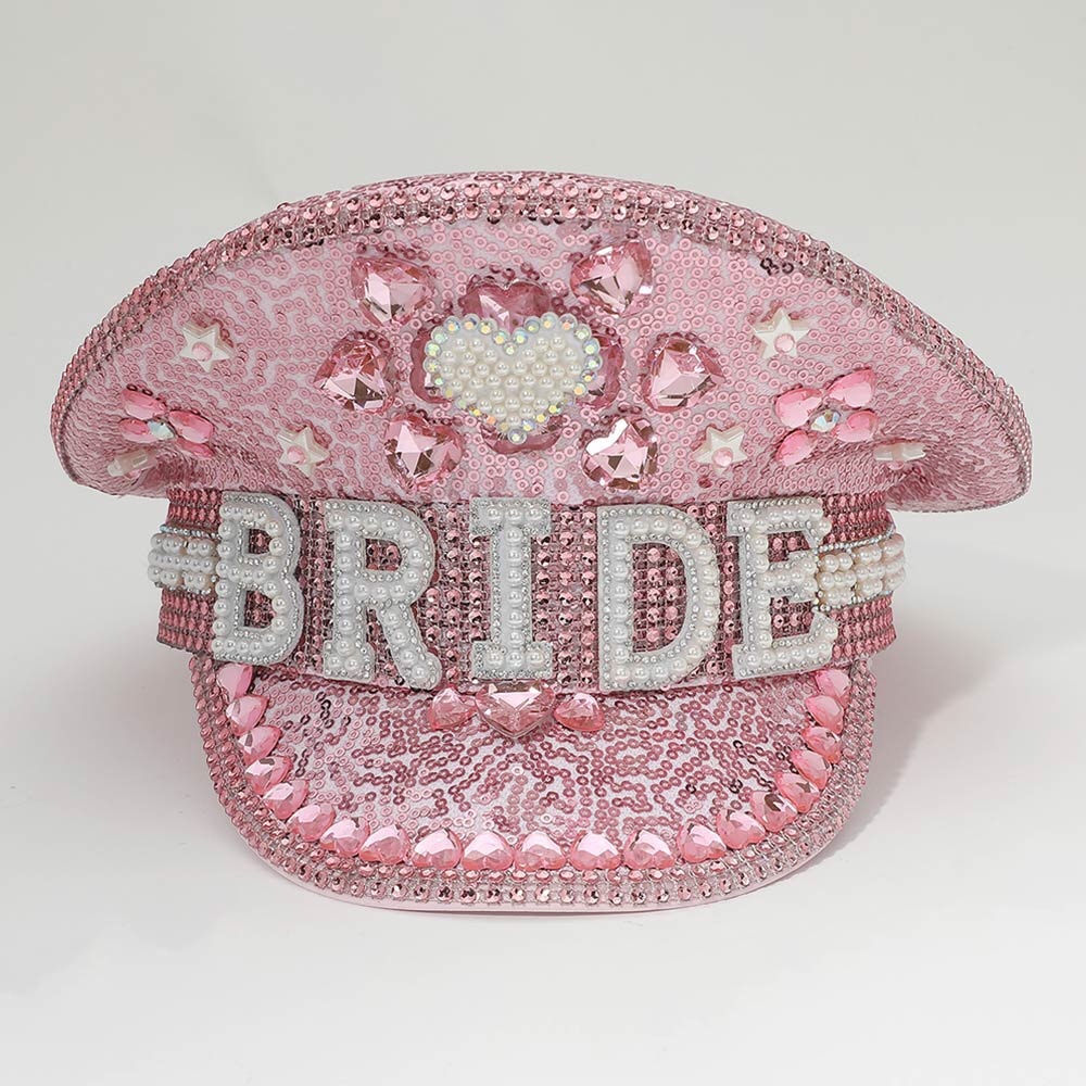 Pink & White Pearl Bride Rhinestone Studded Captain Hat - Picture 2 of 4